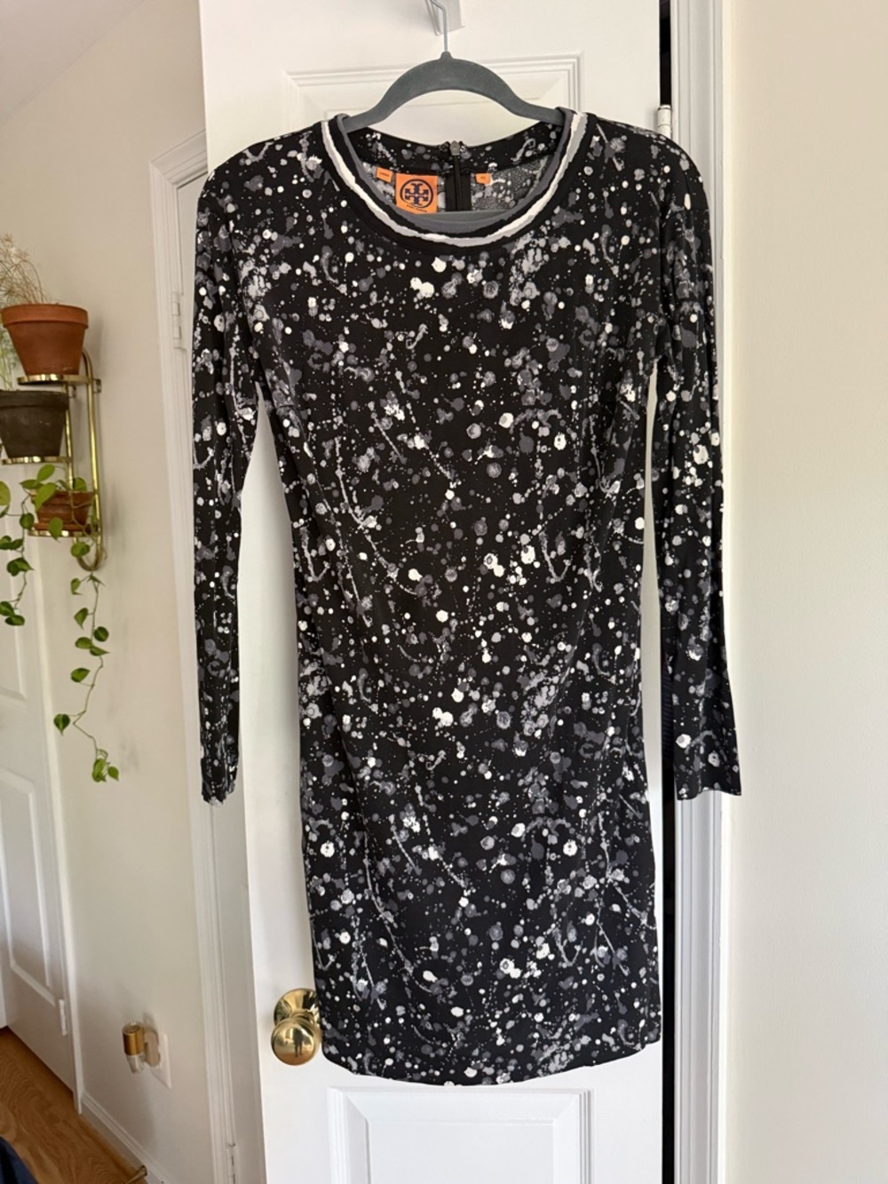 Tory Burch 100% Silk Paint Splatter Long Sleeve Mini Dress Black White - Size XS